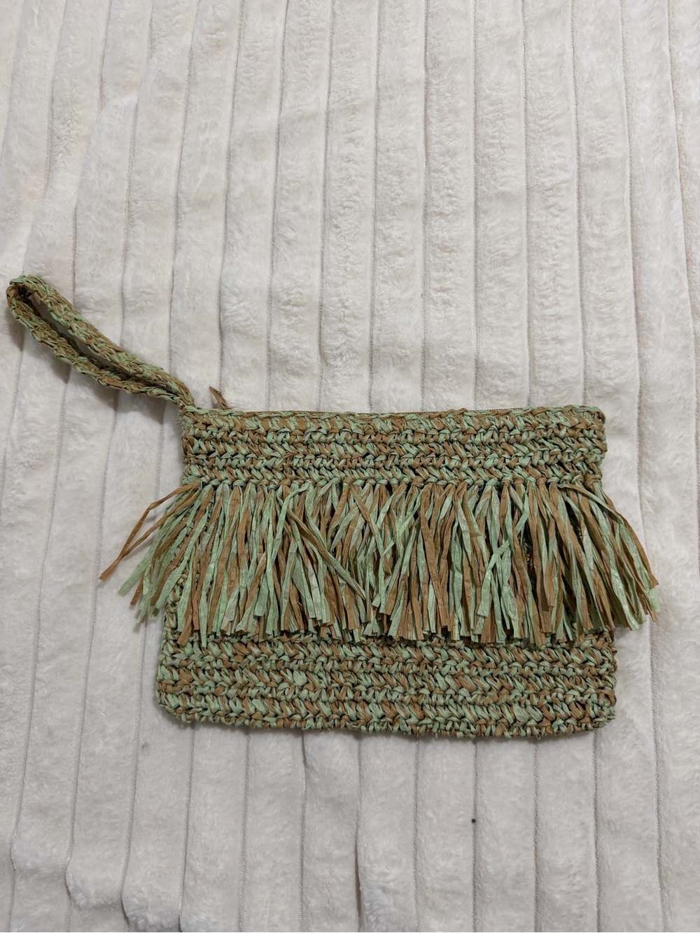 Woven Fringe Wristlet Clutch in Mint and Tan 11 1/2x8 1/2